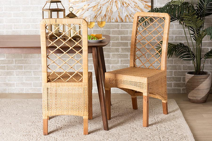 Wholesale Interiors Dining Chairs - Moscow Bohemian Natural Brown Rattan and Walnut Brown Mahogany Wood 2-Piece Dining Chair Set