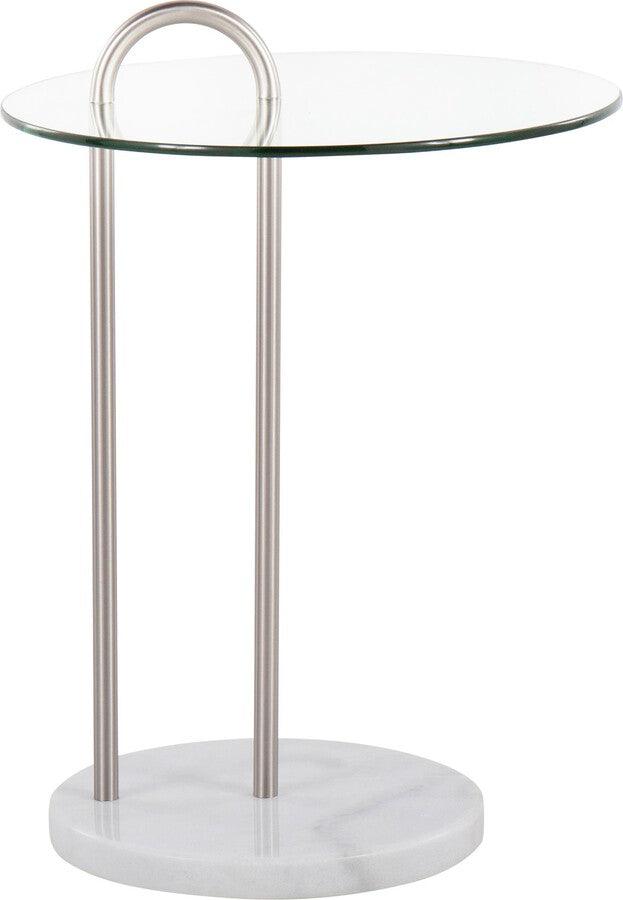 Lumisource Side & End Tables - Claire Contemporary/Glam Side Table In White Marble & Brushed Nickel With Clear Glass Top
