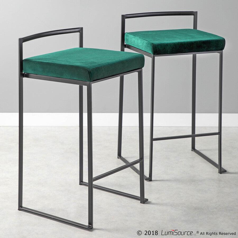 Lumisource Barstools - Fuji Contemporary Stackable Counter Stool in Black with Green Velvet Cushion - Set of 2