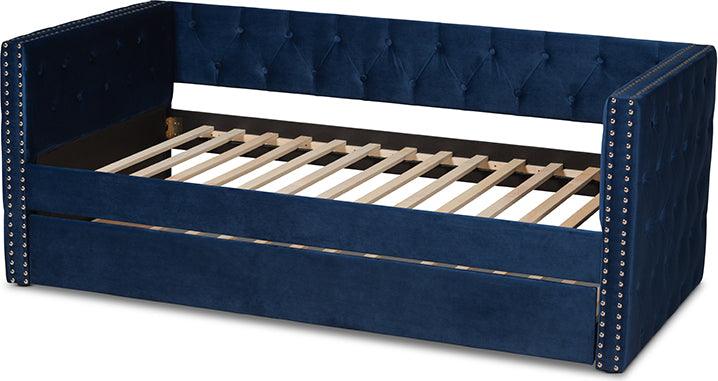 Wholesale Interiors Daybeds - Larkin Navy Blue Velvet Fabric Upholstered Twin Size Daybed with Trundle