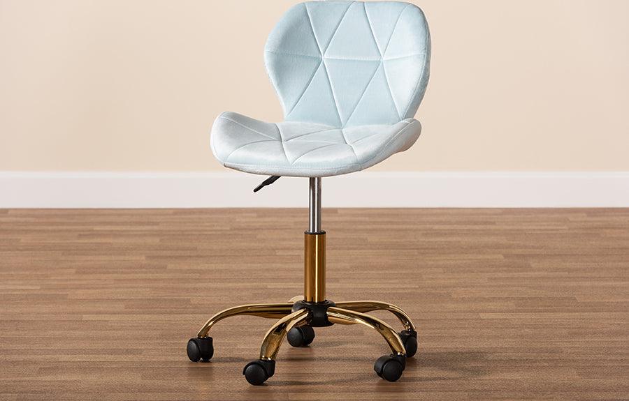 Wholesale Interiors Task Chairs - Savara Contemporary Glam and Luxe Aqua Velvet Fabric and Gold Metal Swivel Office Chair