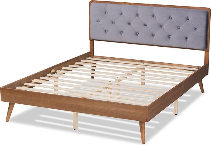 Wholesale Interiors Beds - Larue Modern and Contemporary Grey Velvet and Brown Wood King Size Platform Bed