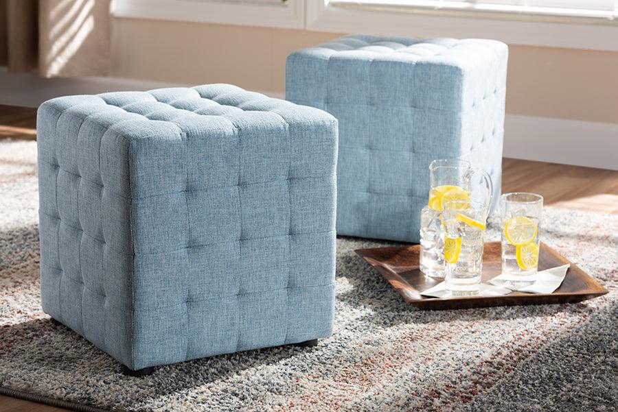 Wholesale Interiors Ottomans & Stools - Elladio Modern And Contemporary Light Blue Fabric Upholstered Tufted Cube Ottoman Set Of 2