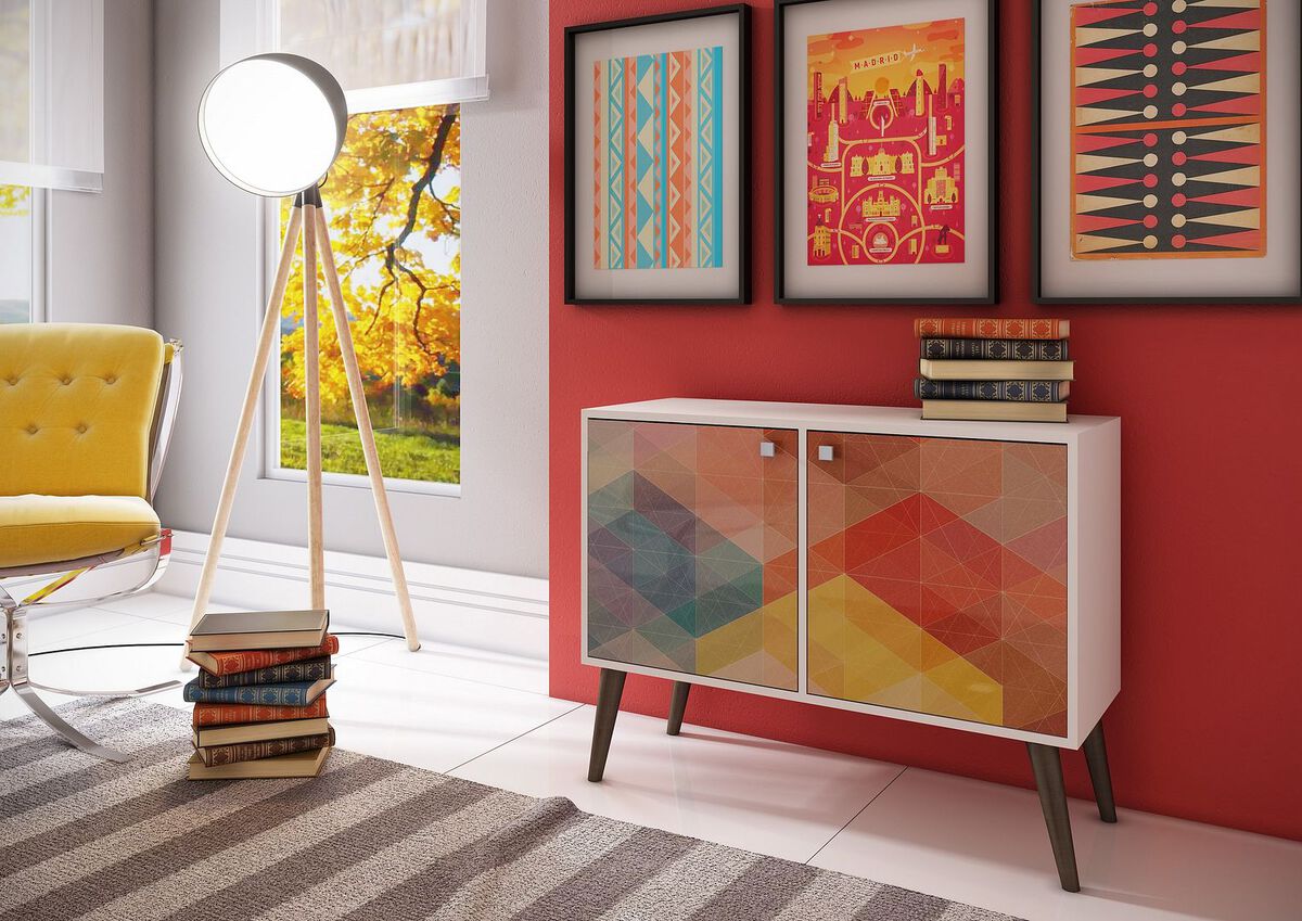 Manhattan Comfort Side & End Tables - Funky Avesta Side Table 2.0 with 3 Shelves in a White Frame with a Colorful Stamp Door