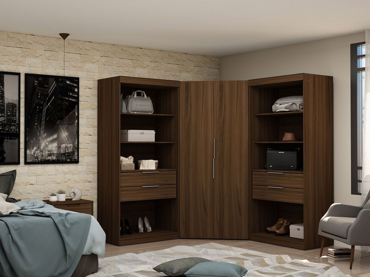 Manhattan Comfort Cabinets & Wardrobes - Mulberry 2.0 Semi Open 3 Sectional Modern Wardrobe Corner Closet with 4 Drawers - Set of 3 in Brown
