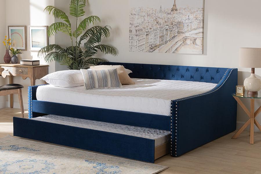 Wholesale Interiors Daybeds - Raphael Navy Blue Velvet Fabric Upholstered Queen Size Daybed with Trundle