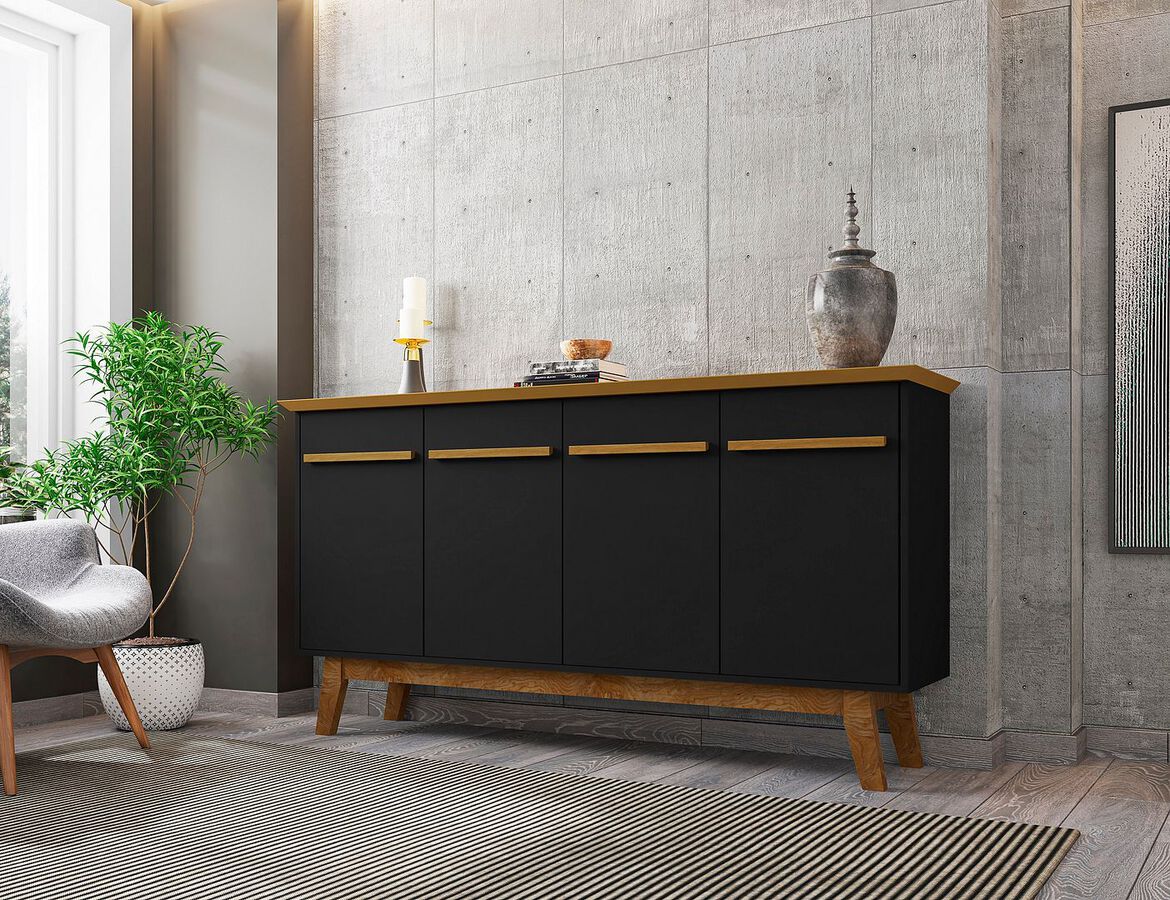 Manhattan Comfort Buffets & Sideboards - Yonkers 62.99 Sideboard with Solid Wood Legs and 2 Cabinets in Black and Cinnamon