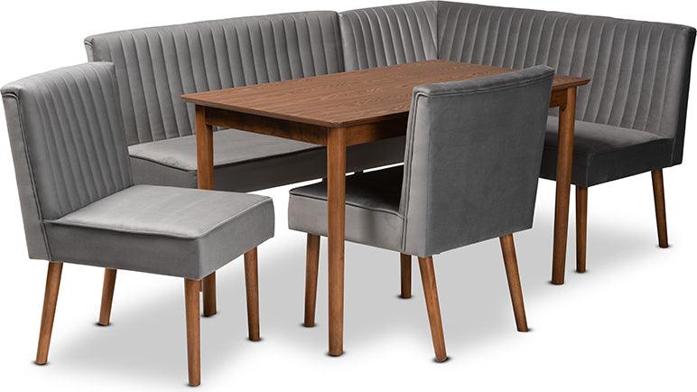 Wholesale Interiors Dining Sets - Alvis Mid-Century Grey Velvet Upholstered and Walnut Brown Finished Wood 5-Piece Dining Nook Set