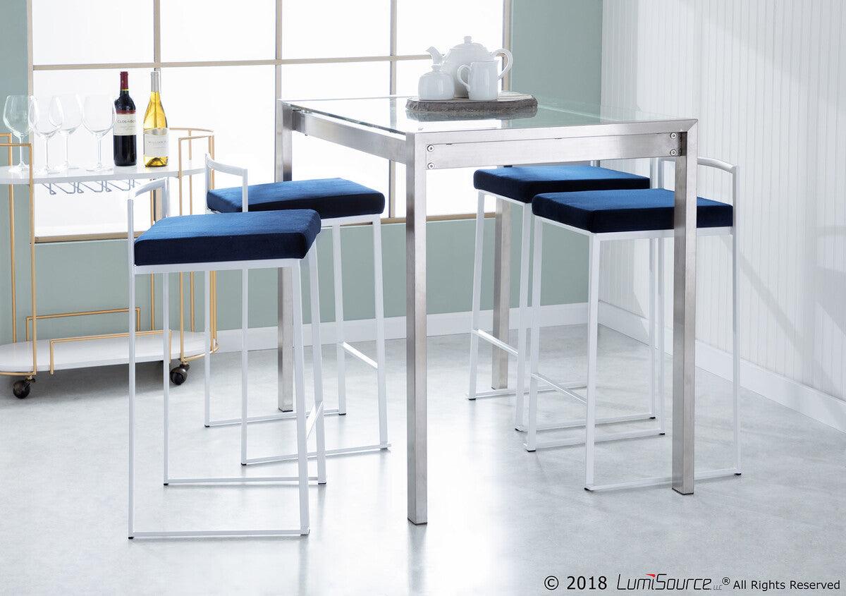 Lumisource Barstools - Fuji Contemporary Stackable Counter Stool in White with Blue Velvet Cushion - Set of 2
