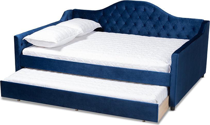 Wholesale Interiors Daybeds - Perry Royal Blue Velvet Fabric Upholstered And Button Tufted Queen Size Daybed With Trundle