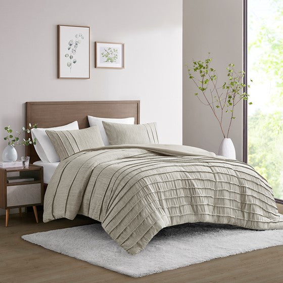 Olliix.com Duvet & Duvet Sets - 3 Piece Striated Cationic Dyed Oversized Duvet Cover Set with Pleats Natural Full/Queen