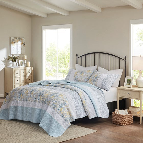 Olliix.com Coverlet - 3 Piece Cotton Quilt Set Blue/Yellow Full/Queen