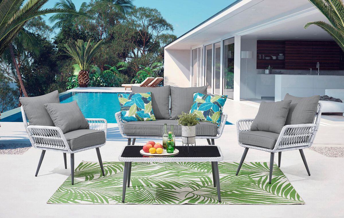 Manhattan Comfort Outdoor Conversation Sets - Portofino Patio 4- Person Conversation Set with Coffee Table with Grey Cushions