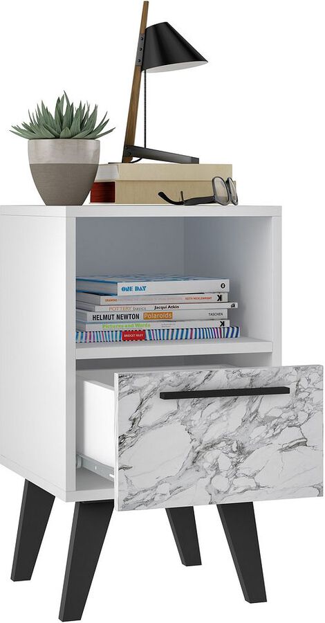 Manhattan Comfort Nightstands & Side Tables - Mid-Century- Modern Amsterdam Nightstand 1.0 with 1 Shelf in White Marble