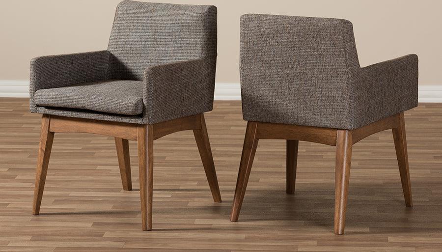 Wholesale Interiors Dining Chairs - Nexus Mid-Century Modern Walnut Wood and Gravel Fabric Arm Chair (Set of 2)