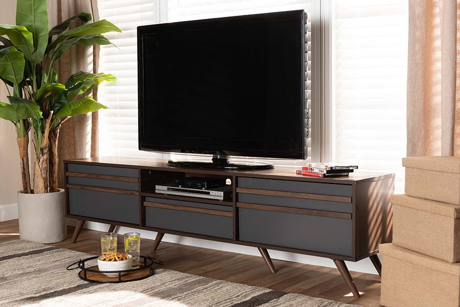 Wholesale Interiors TV & Media Units - Naoki Two-Tone Grey and Walnut Finished Wood TV Stand with Drop-Down Compartments