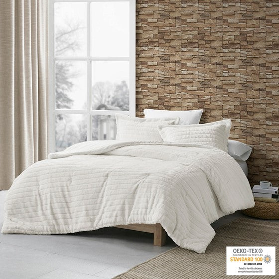 Olliix.com Comforters & Blankets - Faux Fur Comforter Set Ivory Cal King