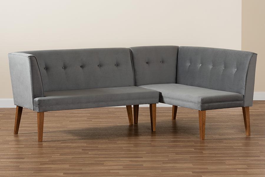 Wholesale Interiors Dining Sets - Stewart Grey Velvet Upholstered and Walnut Brown Finished Wood 2-Piece Dining Nook Banquette Set