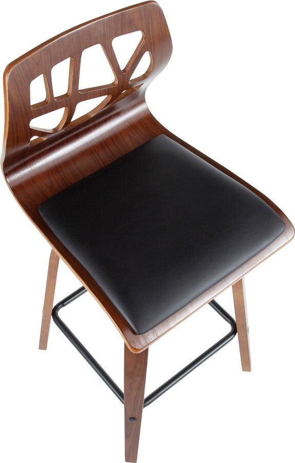 Lumisource Barstools - Folia Mid-Century Modern Counter Stool in Walnut Wood and Black Faux Leather - Set of 2