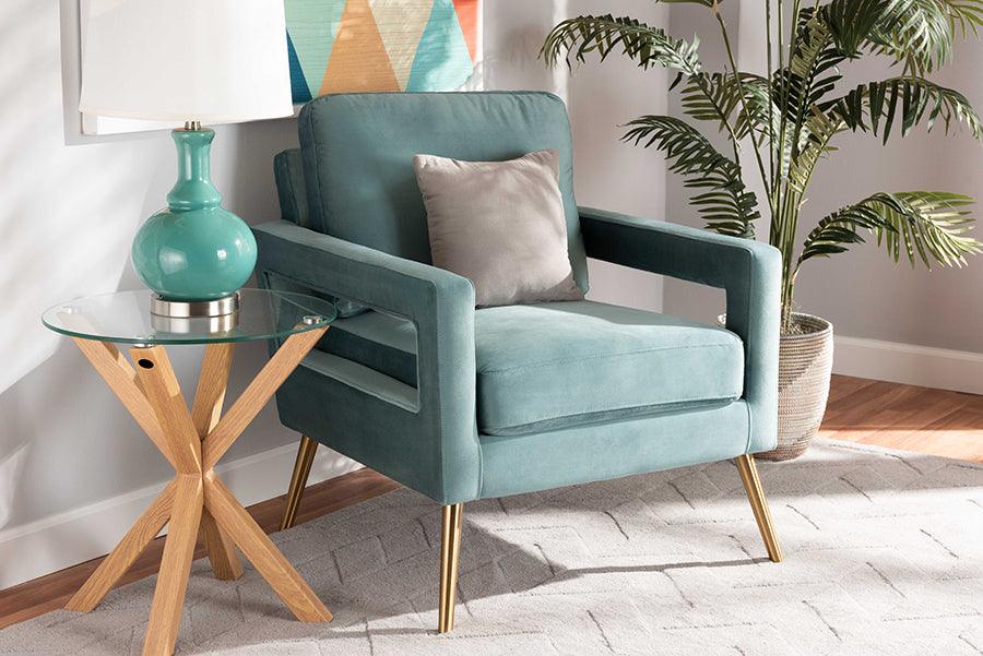 Wholesale Interiors Accent Chairs - Leland Glam and Luxe Light Blue Velvet Fabric Upholstered and Gold Finished Armchair