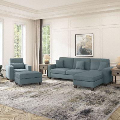 Bush Business Furniture Living Room Sets - Stockton 102W Sectional Couch with Reversible Chaise Lounge Set Turkish Blue Herringbone