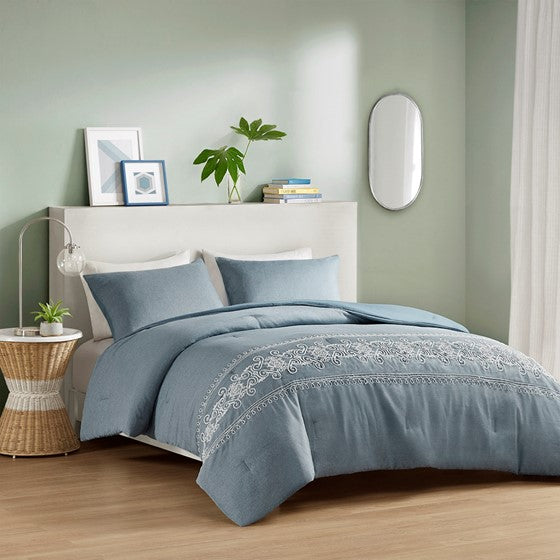 Olliix.com Comforters & Blankets - Embroidered Comforter Set Blue Twin XL