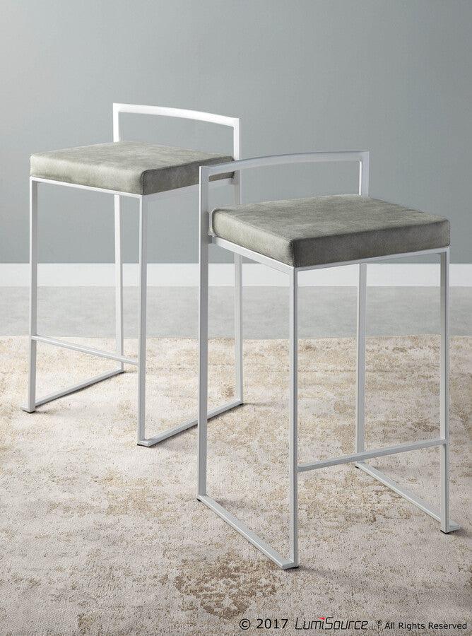 Lumisource Barstools - Fuji Stackable Counter Stool in White with Light Grey Cowboy Fabric Cushion - Set of 2