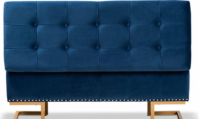 Wholesale Interiors Ottomans & Stools - Ellery Luxe and Glam Navy Blue Velvet Fabric Upholstered and Gold Finished Metal Storage Ottoman