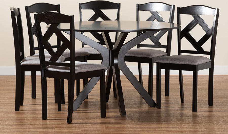 Wholesale Interiors Dining Sets - Carlin Modern Grey Fabric Upholstered and Dark Brown Finished Wood 7-Piece Dining Set