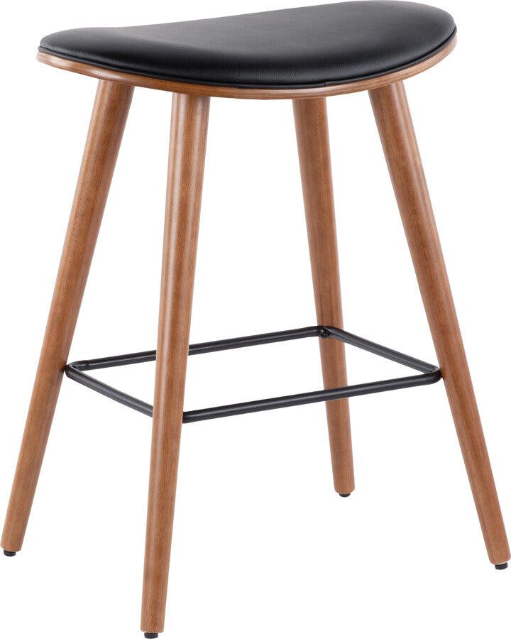 Lumisource Barstools - Saddle 26" Mid-Century Modern Counter Stool in Walnut and Black Faux Leather - Set of 2
