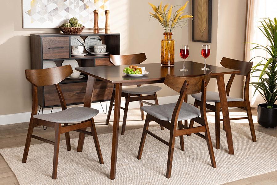 Wholesale Interiors Dining Sets - Lois Light Grey Fabric Upholstered and Walnut Brown Finished Wood 5-Piece Dining Set