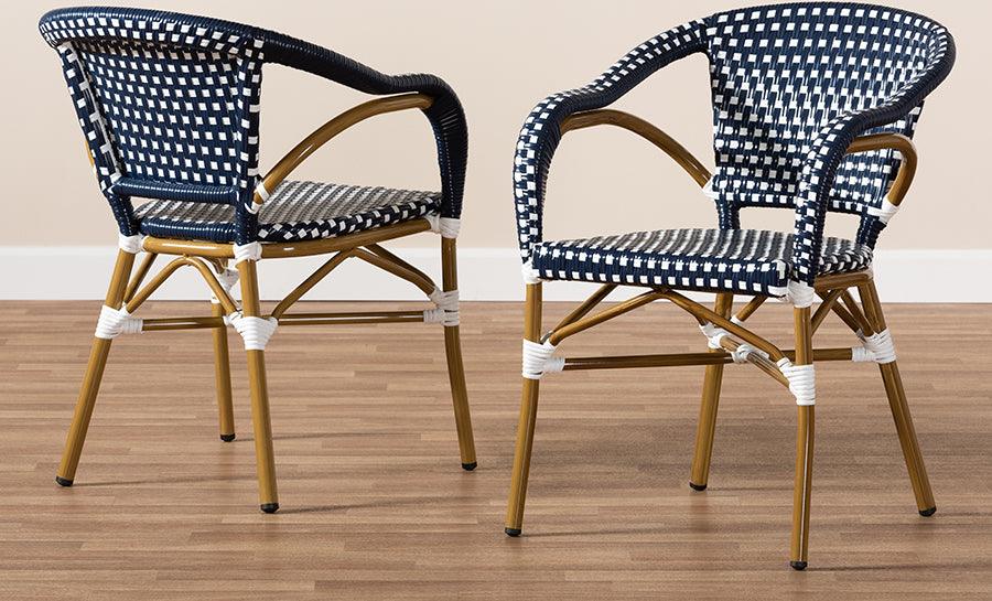 Wholesale Interiors Outdoor Dining Chairs - Eliane Classic French Indoor and Outdoor Navy and White Bamboo Style Stackable Bistro
