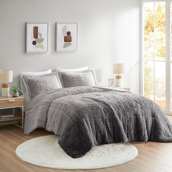 Olliix.com Comforters & Blankets - Ombre Shaggy Long Fur Comforter Mini Set Grey Full/Queen