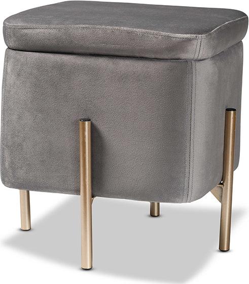 Wholesale Interiors Ottomans & Stools - Aleron Contemporary Glam and Luxe Grey Velvet and Gold Metal Storage Ottoman