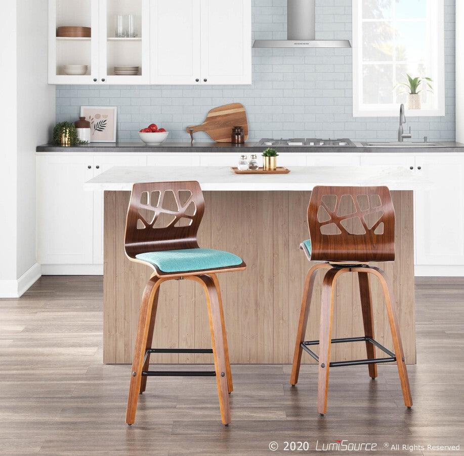 Lumisource Barstools - Folia Mid-Century Modern Counter Stool in Walnut Wood and Teal Fabric - Set of 2