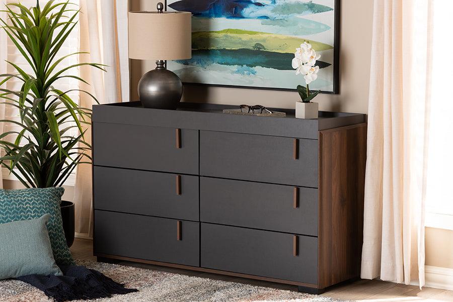 Wholesale Interiors Dressers - Rikke Modern and Contemporary Two-Tone Gray and Walnut Finished Wood 6-Drawer Dresser