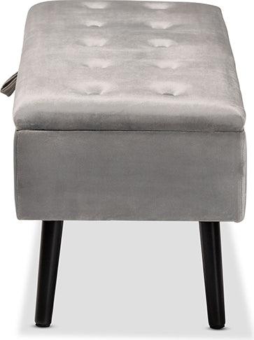 Wholesale Interiors Benches - Caine Modern and Contemporary Grey Velvet and Dark Brown Wood Storage Bench