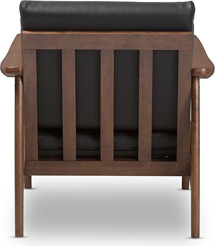 Wholesale Interiors Accent Chairs - Venza Mid-Century Modern Walnut Wood Black Faux Leather Lounge Chair