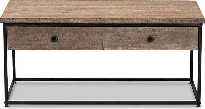 Wholesale Interiors Coffee Tables - Roderick Weathered Oak Finished Wood and Black Metal 2-Drawer Coffee Table