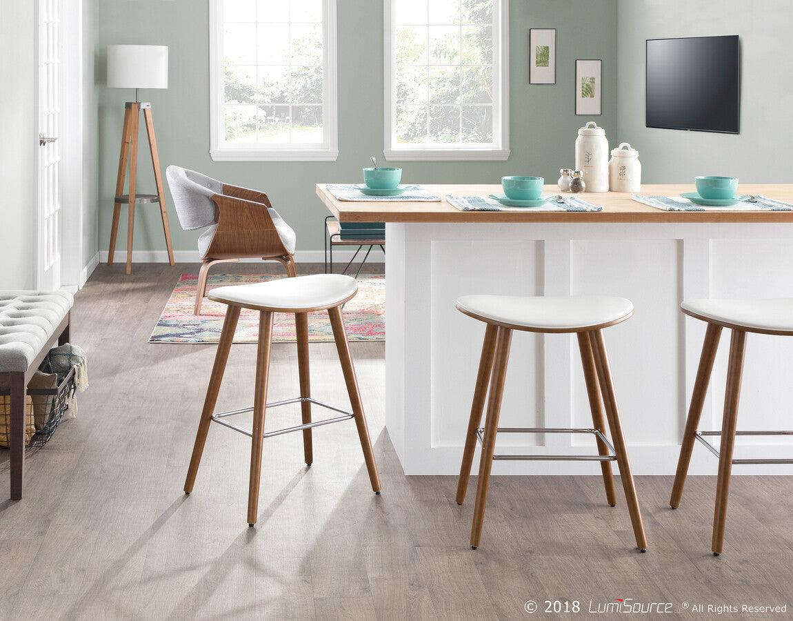 Lumisource Barstools - Saddle 26" Mid-Century Modern Counter Stool in Walnut & White Faux Leather - Set of 2