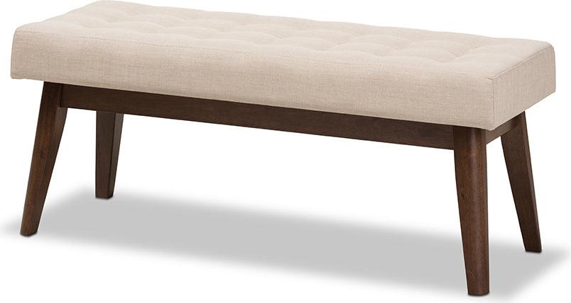 Wholesale Interiors Benches - Elia Mid-Century Modern Walnut Wood Light Beige Fabric Button-Tufted Bench