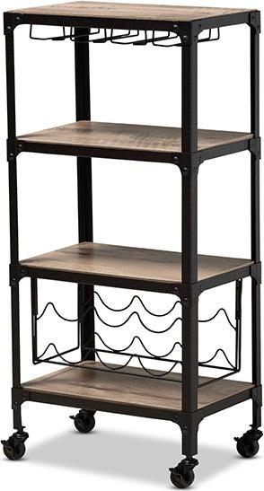 Wholesale Interiors Bar Units & Wine Cabinets - Swanson Antique Black Textured Metal Distressed Oak Finished Wood Mobile Kitchen Bar Wine Cart