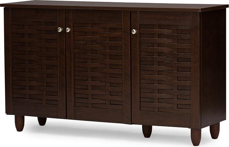 Wholesale Interiors Shoe Storage - Winda Modern and Contemporary 3-Door Dark Brown Wooden Entryway Shoes Storage Cabinet