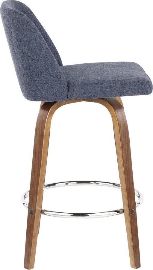 Lumisource Barstools - Toriano Mid-Century Counter Stool Walnut and Blue Fabric - Set of 2