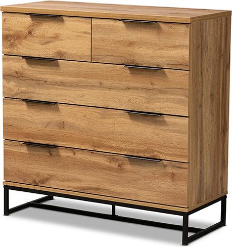 Wholesale Interiors Chest of Drawers - Franklin Oak Finished Wood and Black Finished Metal 5-Drawer Bedroom Chest