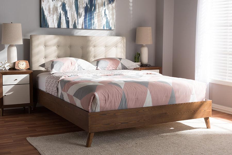 Wholesale Interiors Beds - Alinia Mid-Century Retro Modern Light Beige Fabric Upholstered Walnut Wood King Size Platform Bed