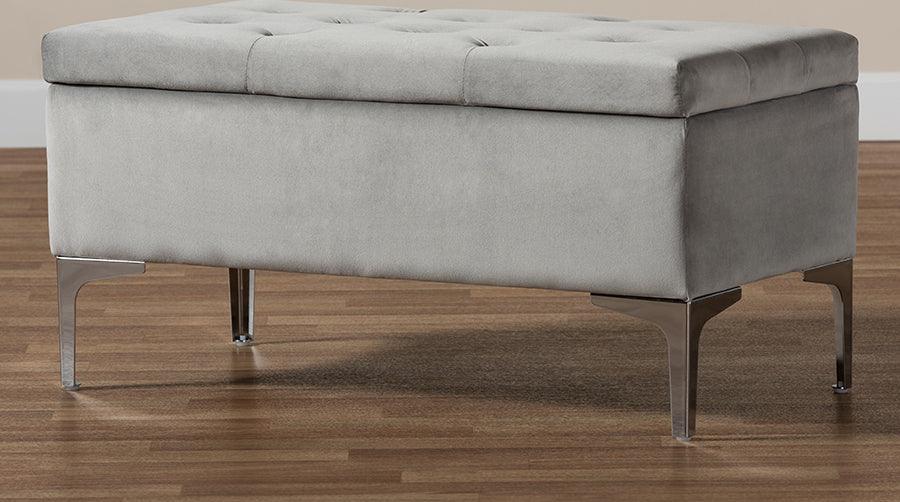 Wholesale Interiors Ottomans & Stools - Mabel Modern Transitional Grey Velvet Fabric Upholstered Silver Finished Storage Ottoman