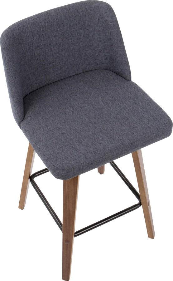 Lumisource Barstools - Toriano Mid-Century Modern Counter Stool Walnut and Blue Fabric - Set of 2
