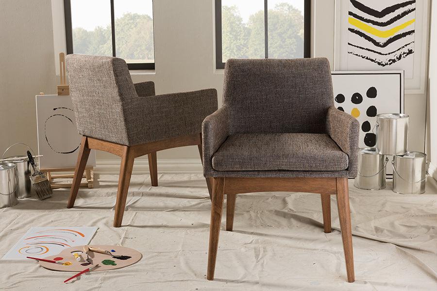 Wholesale Interiors Dining Chairs - Nexus Mid-Century Modern Walnut Wood and Gravel Fabric Arm Chair (Set of 2)