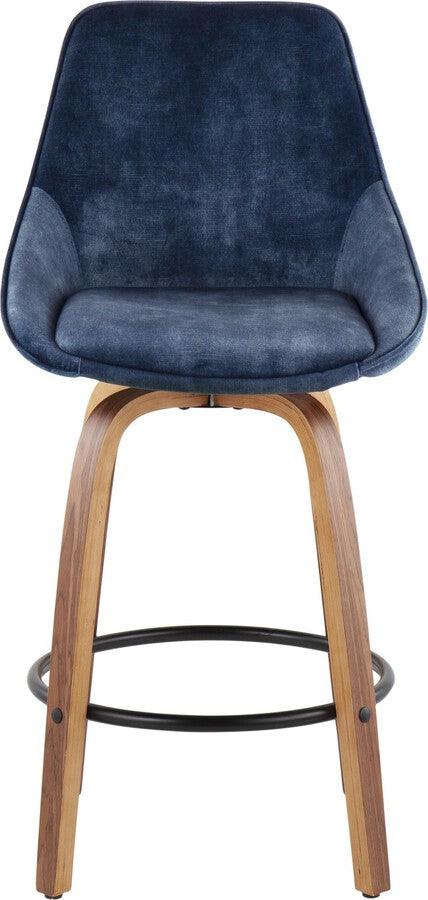 Lumisource Barstools - Diana Contemporary Counter Stool in Walnut Wood & Blue Velvet with Black Round Footrest - Set of 2